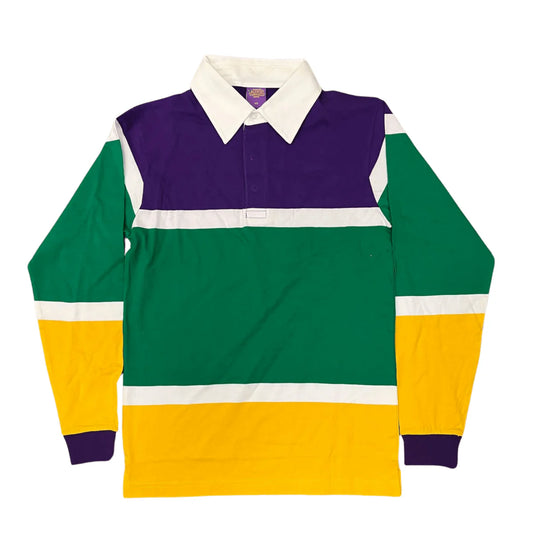 ADULT UNISEX MARDI GRAS POLO LONG SLEEVE 3 COLOR PANEL & WHITE TRIM