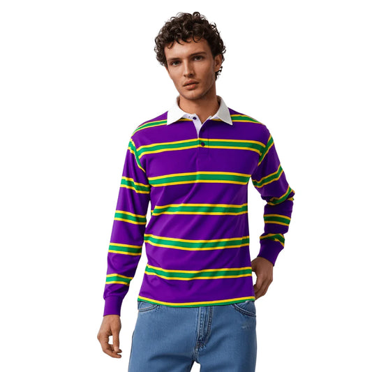 ADULT MARDI GRAS PURPLE 3 PANEL LONG SLEEVE RUGBY POLO SHIRT
