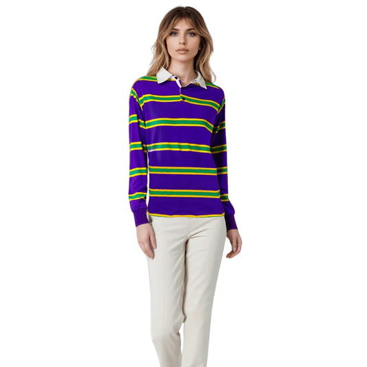 ADULT MARDI GRAS PURPLE 3 PANEL LONG SLEEVE RUGBY POLO SHIRT