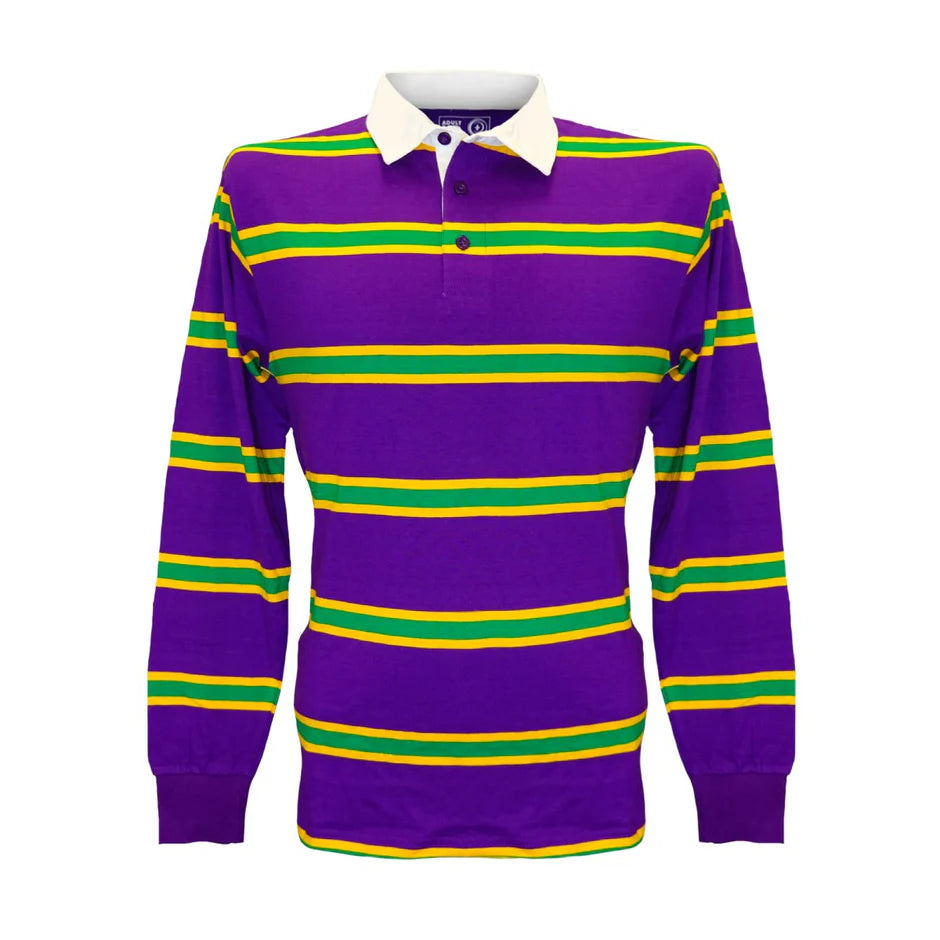 ADULT MARDI GRAS PURPLE 3 PANEL LONG SLEEVE RUGBY POLO SHIRT