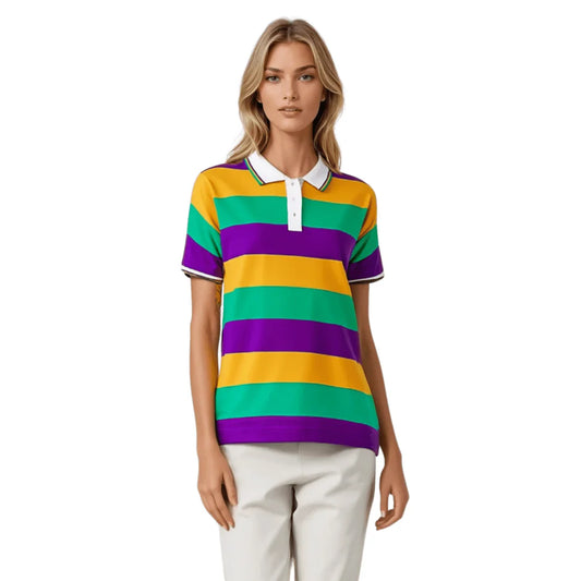 ADULT MARDI GRAS STRIPED PANEL SHORT SLEEVE POLO T-SHIRT