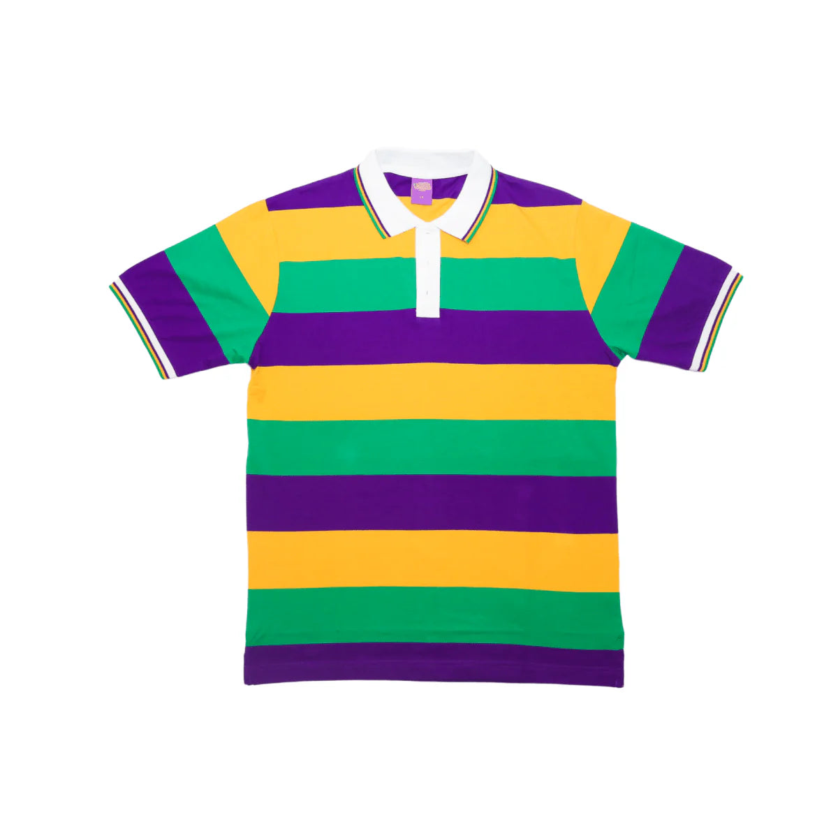 ADULT MARDI GRAS STRIPED PANEL SHORT SLEEVE POLO T-SHIRT