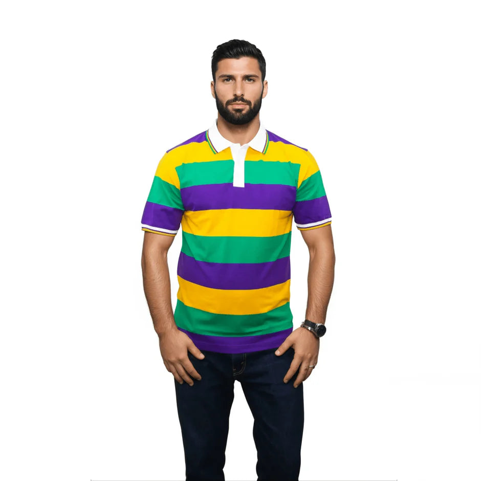 ADULT MARDI GRAS STRIPED PANEL SHORT SLEEVE POLO T-SHIRT