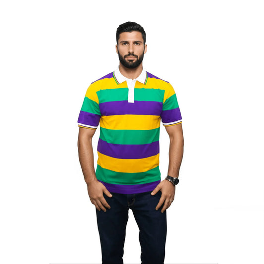 ADULT MARDI GRAS STRIPED PANEL SHORT SLEEVE POLO T-SHIRT
