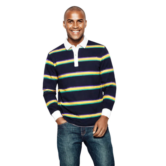 ADULT UNISEX MARDI GRAS STRIPED RUGBY LONG SLEEVE POLO