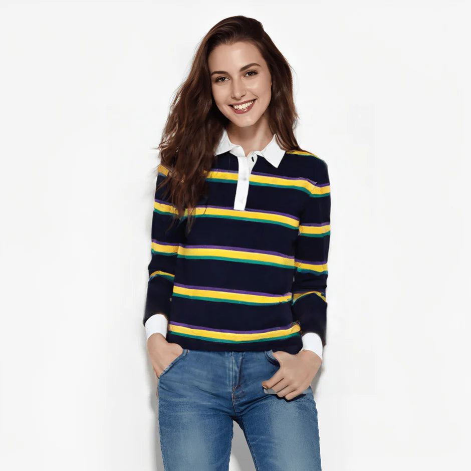 ADULT UNISEX MARDI GRAS STRIPED RUGBY LONG SLEEVE POLO