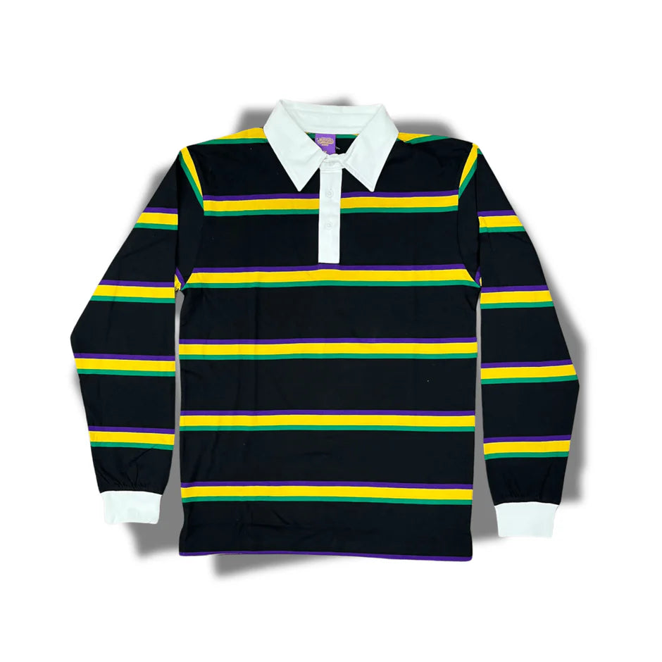 ADULT UNISEX MARDI GRAS STRIPED RUGBY LONG SLEEVE POLO