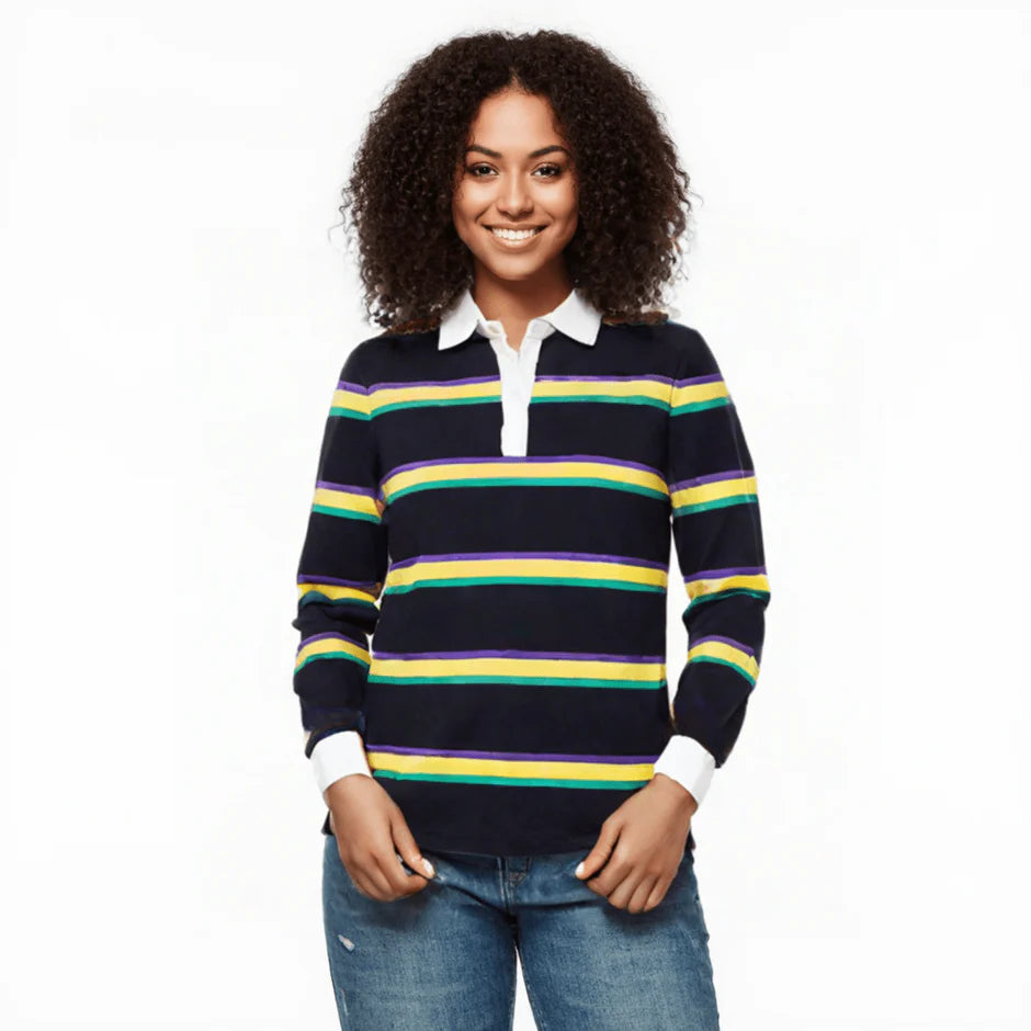ADULT UNISEX MARDI GRAS STRIPED RUGBY LONG SLEEVE POLO