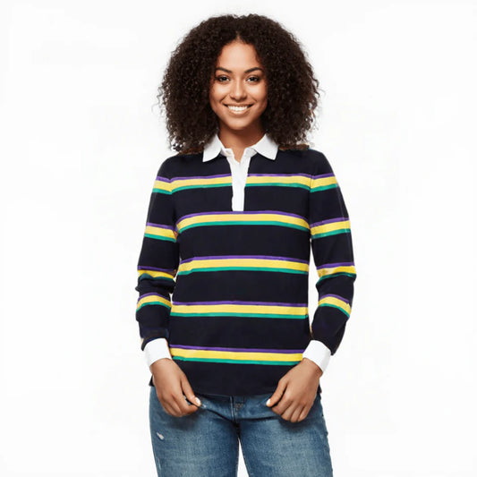 ADULT UNISEX MARDI GRAS STRIPED RUGBY LONG SLEEVE POLO