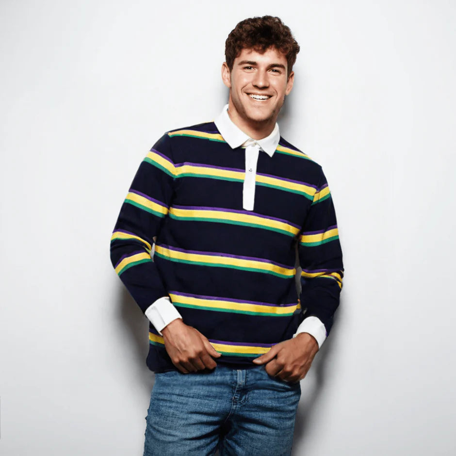 ADULT UNISEX MARDI GRAS STRIPED RUGBY LONG SLEEVE POLO