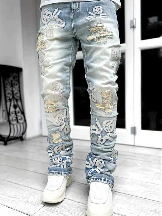 Men's Casual Letter Embroidery Distressed Jeans