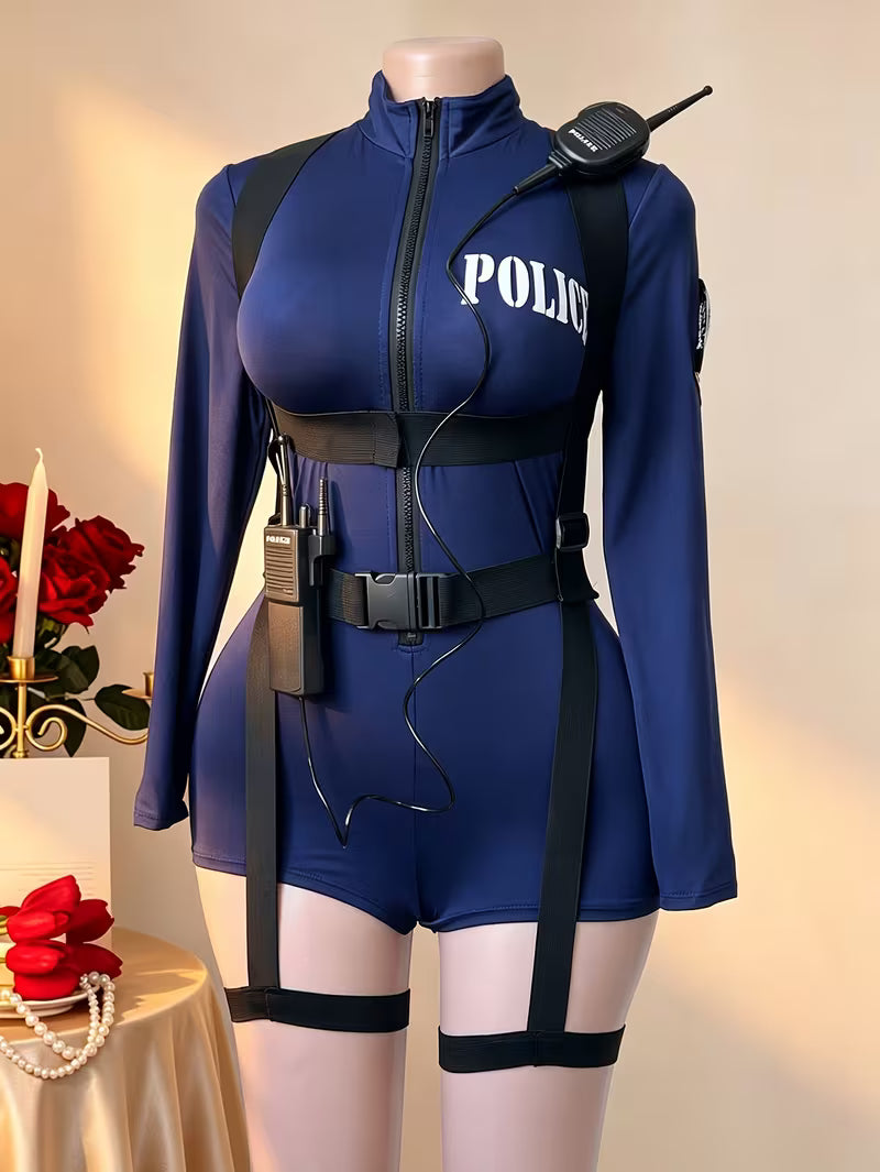 4Pcs Policewoman Bodycon Jumpsuit Costume Accessories Set