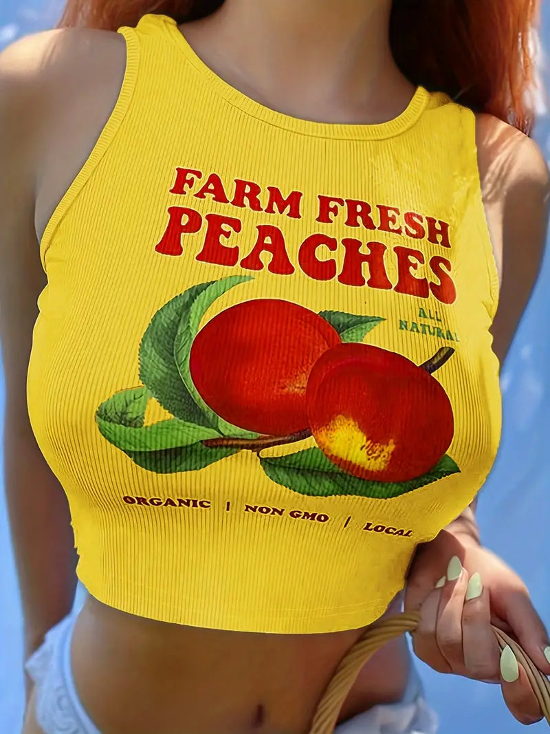 WOMEN'S SLEEVELESS GRAPHIC PRINT CROP TOP "VIBRANT PEACH"