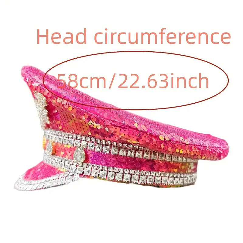 Trendy Rhinestone Sequins Captain Hat Shiny Punk Hen Party Hat Classic Bride Wedding Hat Music Festival Accessories For Women Girls