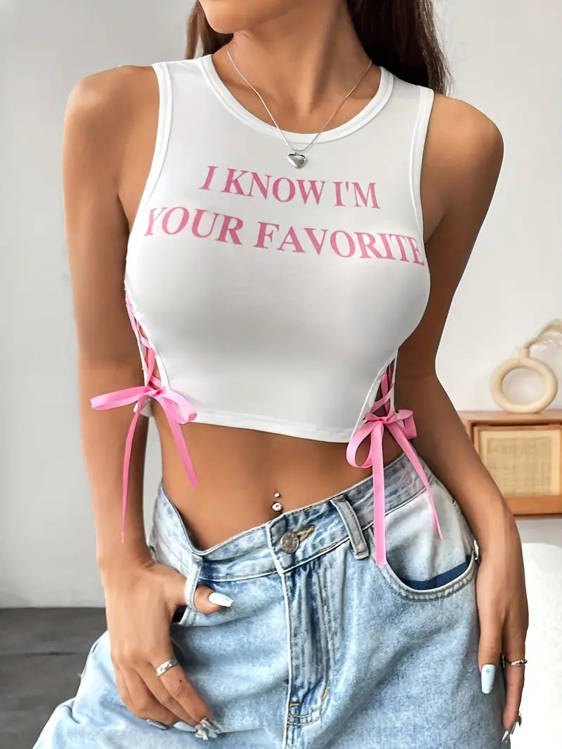 WOMENS SLEEVELESS PUNK RIBBON "YOUR FAV" TANK CROP TOP