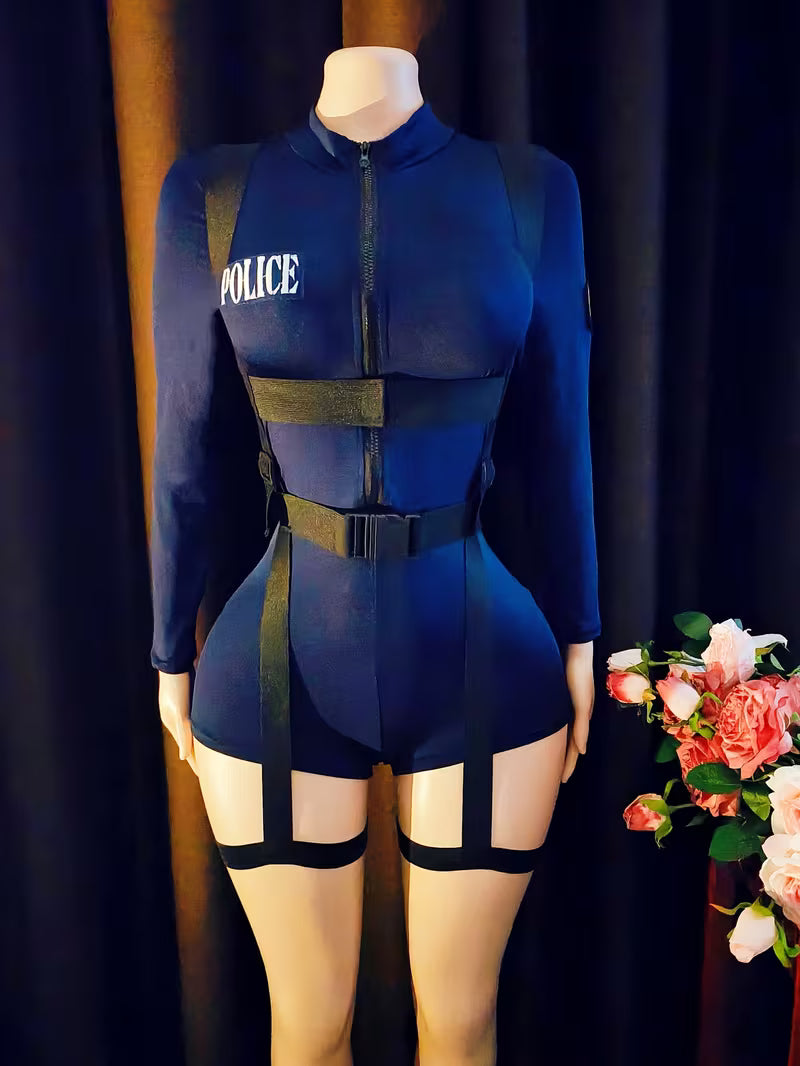 2 Pcs Policewoman Bodycon Jumpsuit Costume Set