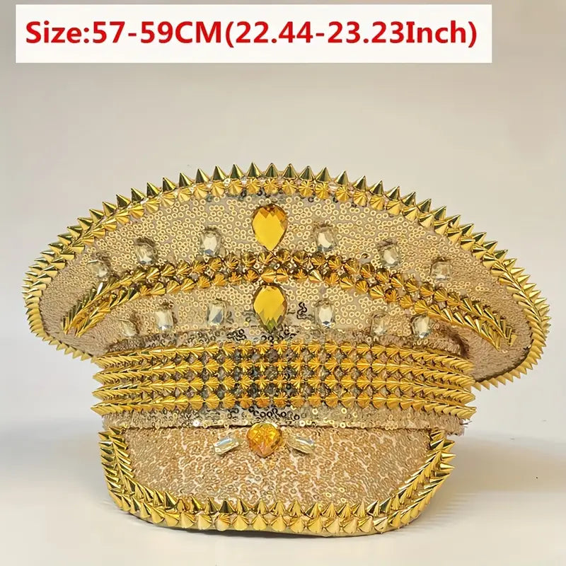 Punk Shiny Rhinestone Captain Hat Trendy Rivet Bride Hat Sparkling Bachelorette Hen Party Captain Hats Rave Accessories For Women