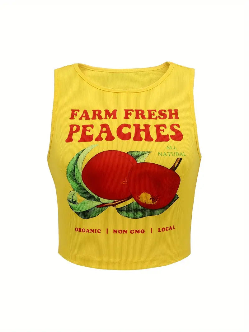 WOMEN'S SLEEVELESS GRAPHIC PRINT CROP TOP "VIBRANT PEACH"