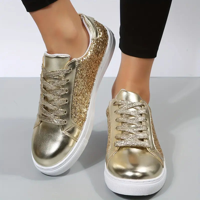 Sequin Decor Glitter Reflective Low Cut Skate Shoes, Flat Wear Resistance Non Slip Sneakers, Casual Versatile Outdoor Walking Shoes