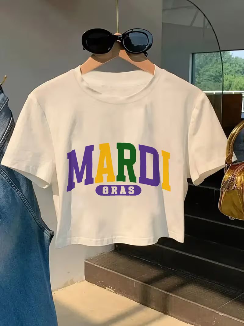 Mardi Gras Oversized Short Sleeve Crop Graphic T-Shirt