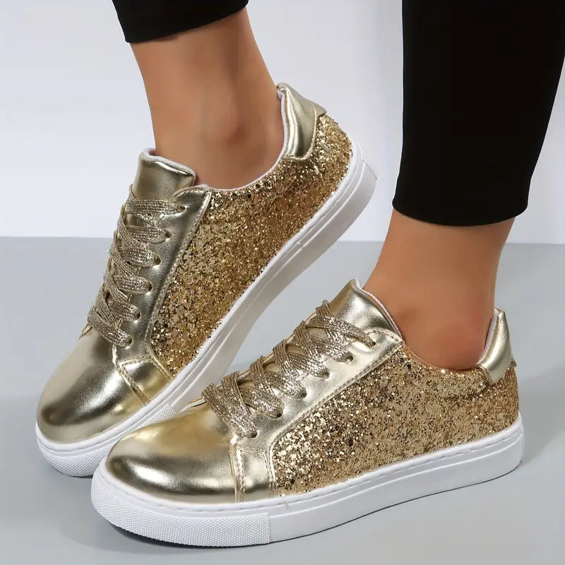 Sequin Decor Glitter Reflective Low Cut Skate Shoes, Flat Wear Resistance Non Slip Sneakers, Casual Versatile Outdoor Walking Shoes