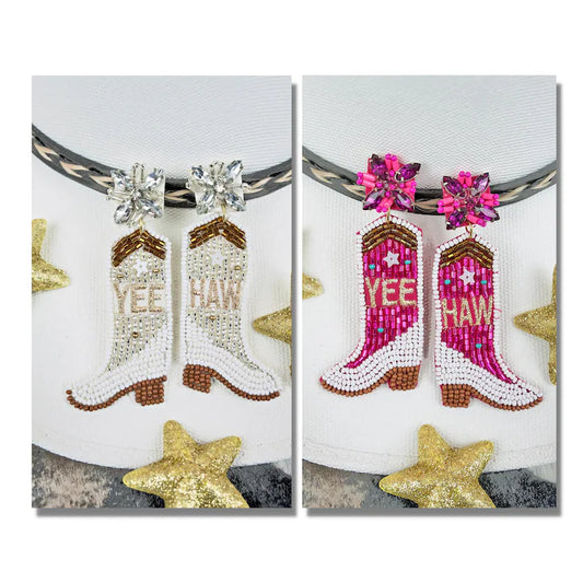 Yee-Haw Hot Pink Cowgirl Boots Beaded Earrings/ Seed and Tube Beads / Boho Style / Country Western Style / Cowgirl / Texas / Gift