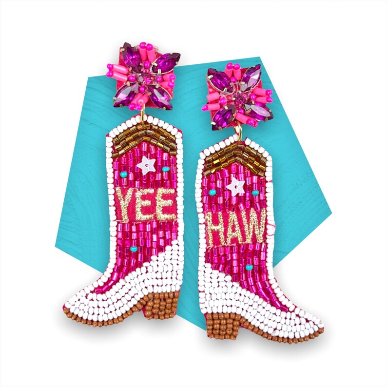 Yee-Haw Hot Pink Cowgirl Boots Beaded Earrings/ Seed and Tube Beads / Boho Style / Country Western Style / Cowgirl / Texas / Gift