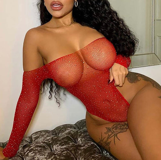 Rhinestone Fishnet Bodysuit RED