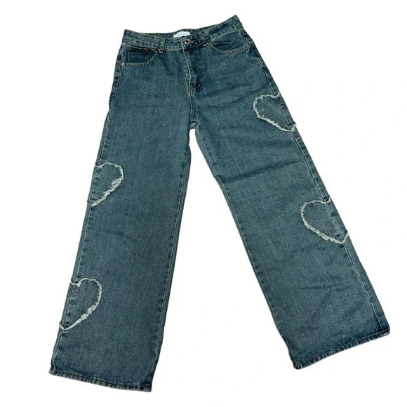 ANGEL KISS VINTAGE WASH DISTRESSED HEART STRAIGHT BAGGY JEANS