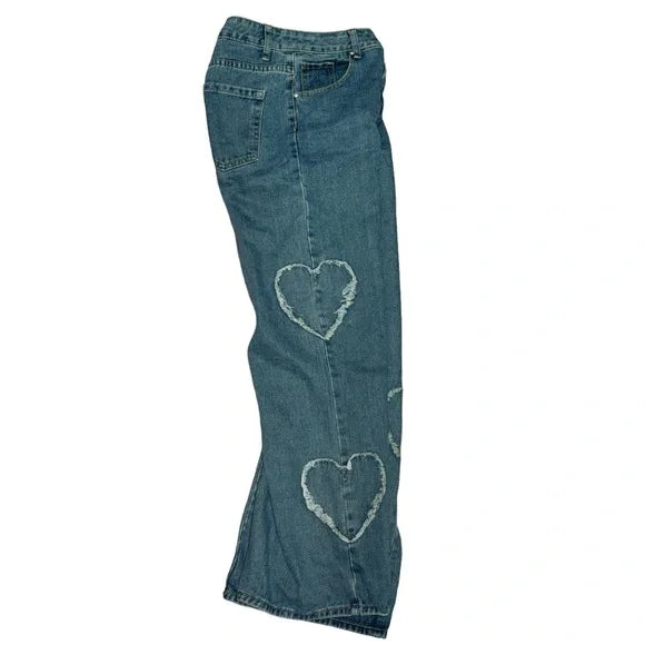 ANGEL KISS VINTAGE WASH DISTRESSED HEART STRAIGHT BAGGY JEANS