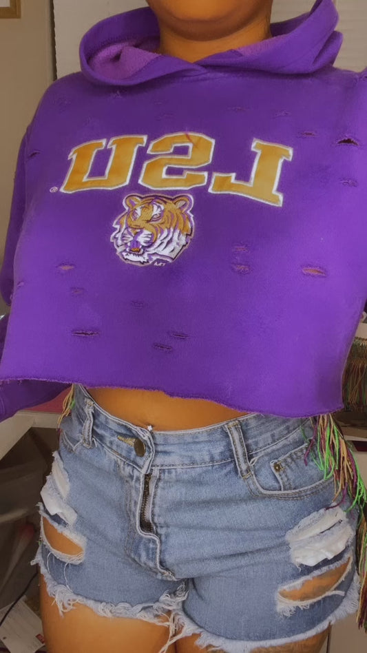 Long Sleeve LSU Long Team Graphic Print Patchwork Distressed Cut-Out Crop Hoodie Outerwear Streetwear Football Game Day Mardi  Gras Custom Design