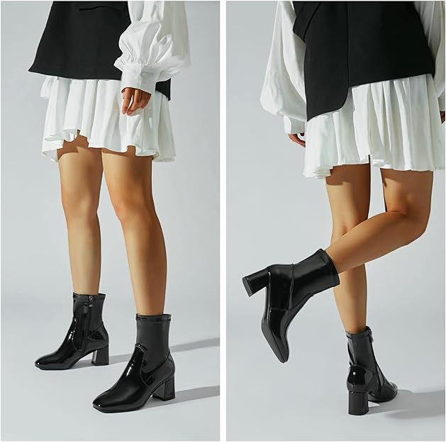 Women Patent Leather GOGO Boots Square Toe Chunky Heel Ankle Boots Side Zip Block Heel Winter Booties