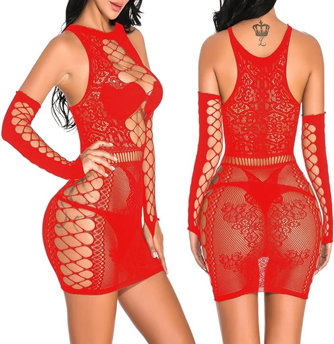 Sexy Women Fishnet Dress with Sleeves Camisole Babydoll Lingerie Nightgowns Chemise Nightwear Sleepwear