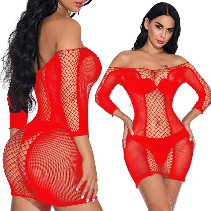 Sexy Women Fishnet Dress with Sleeves Camisole Babydoll Lingerie Nightgowns Chemise Nightwear Sleepwear