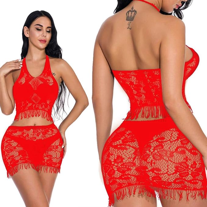 Sexy Women Fishnet 2 Piece Camisole Babydoll Lingerie Nightgowns Chemise Nightwear Sleepwear