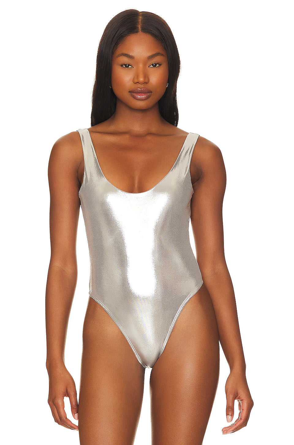 Womens Sleeveless Silver Metallic Bodysuit 