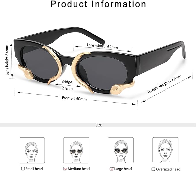 Trendy Sunglasses for Women Men Vintage Narrow Cat-eye Metal Snake Accessories