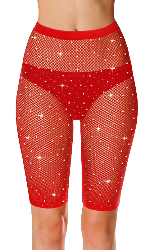 Sexy Women’s Rhinestone Fishnet Shorts Red