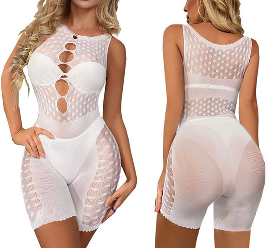 Women's Sexy White Fishnet Mesh Romper Intimates Lingerie