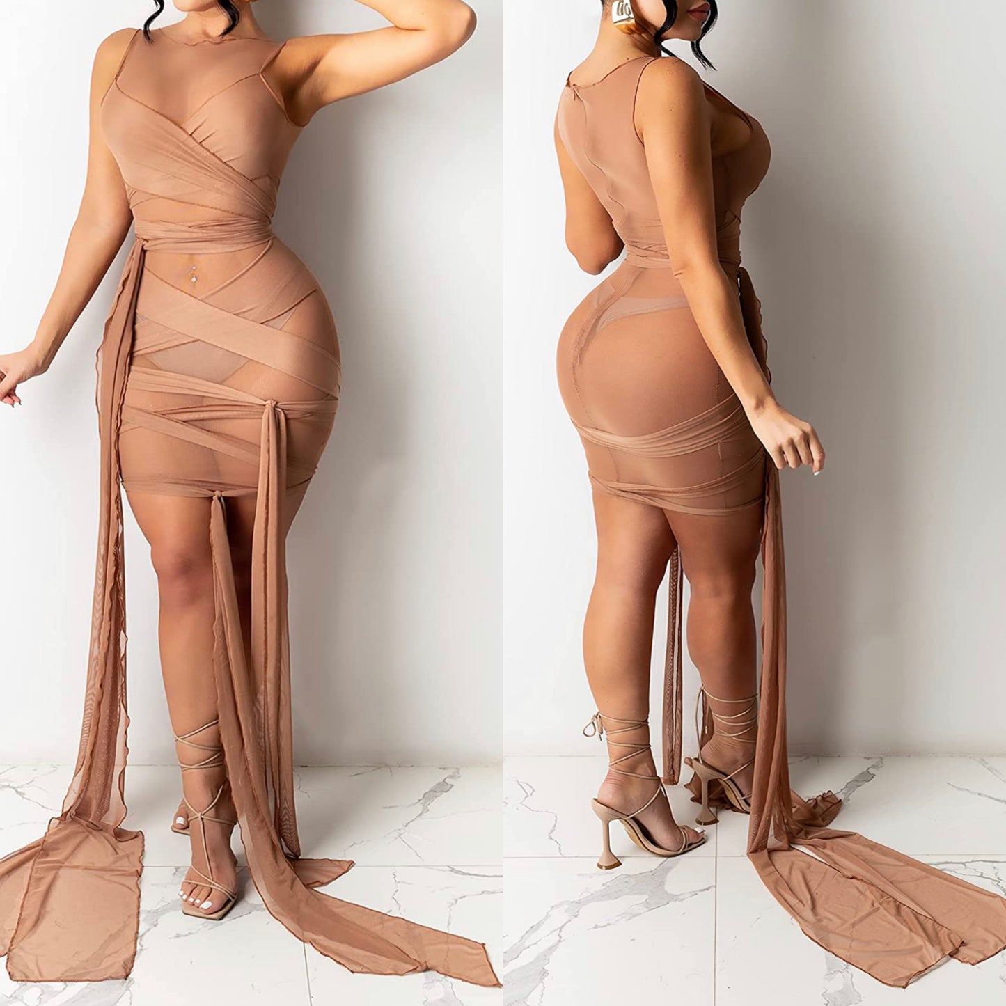 Womens Sexy Sleeveless Sheer Tulle Mesh Wrap Strap Up Dress Brown