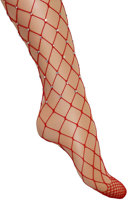 Sexy Women’s Rhinestone Fishnet Mesh Stockings RED