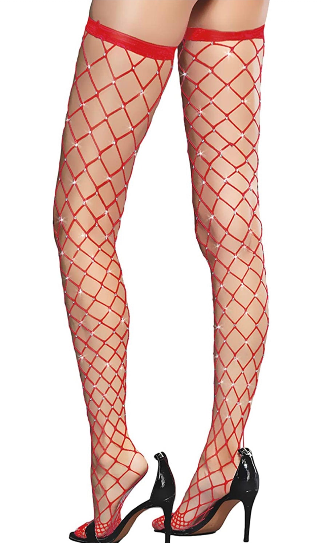 Sexy Women’s Rhinestone Fishnet Mesh Stockings RED