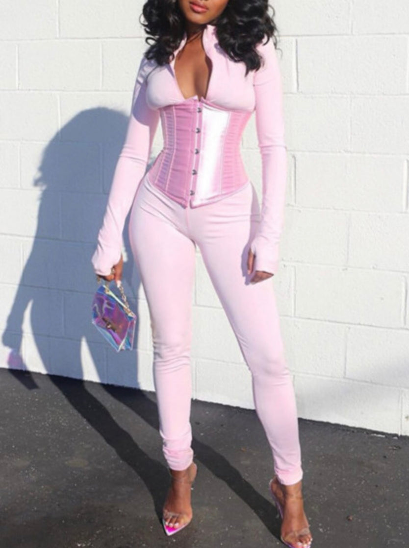 Womens Long Sleeve One Piece Zipper Loungewear Ms.Pinky Jumpsuit