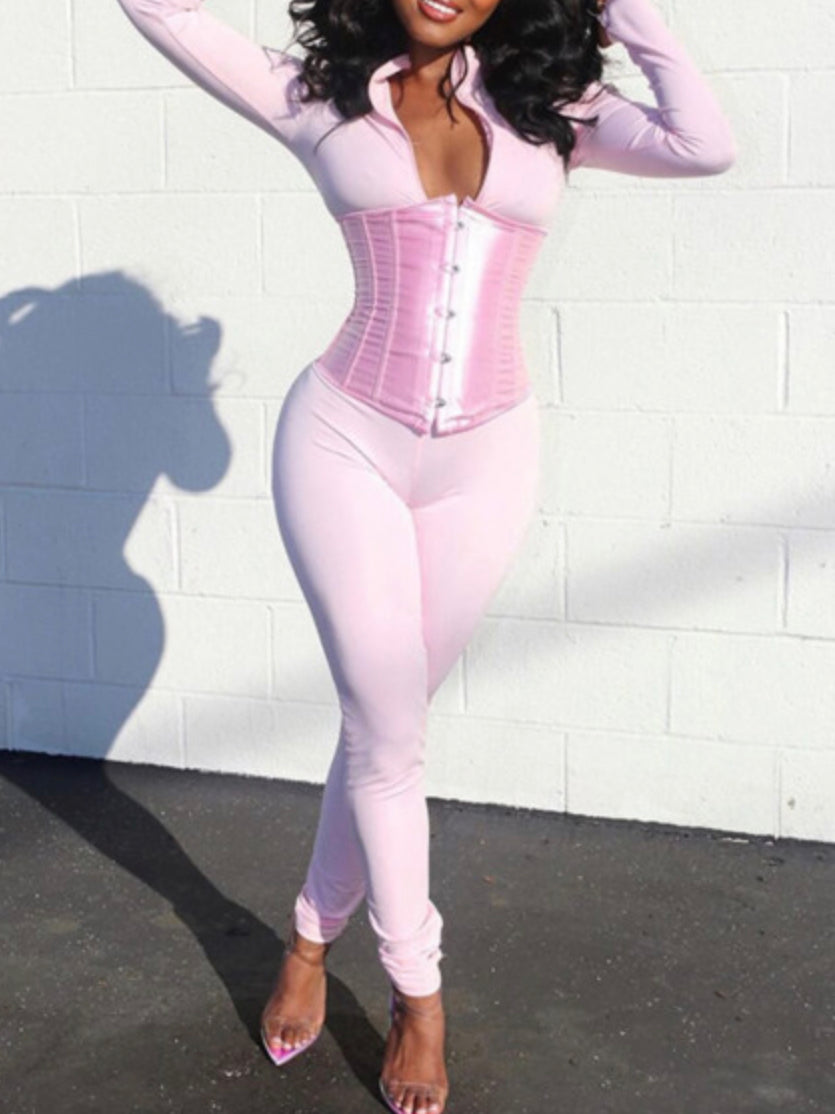 Womens Long Sleeve One Piece Zipper Loungewear Ms.Pinky Jumpsuit