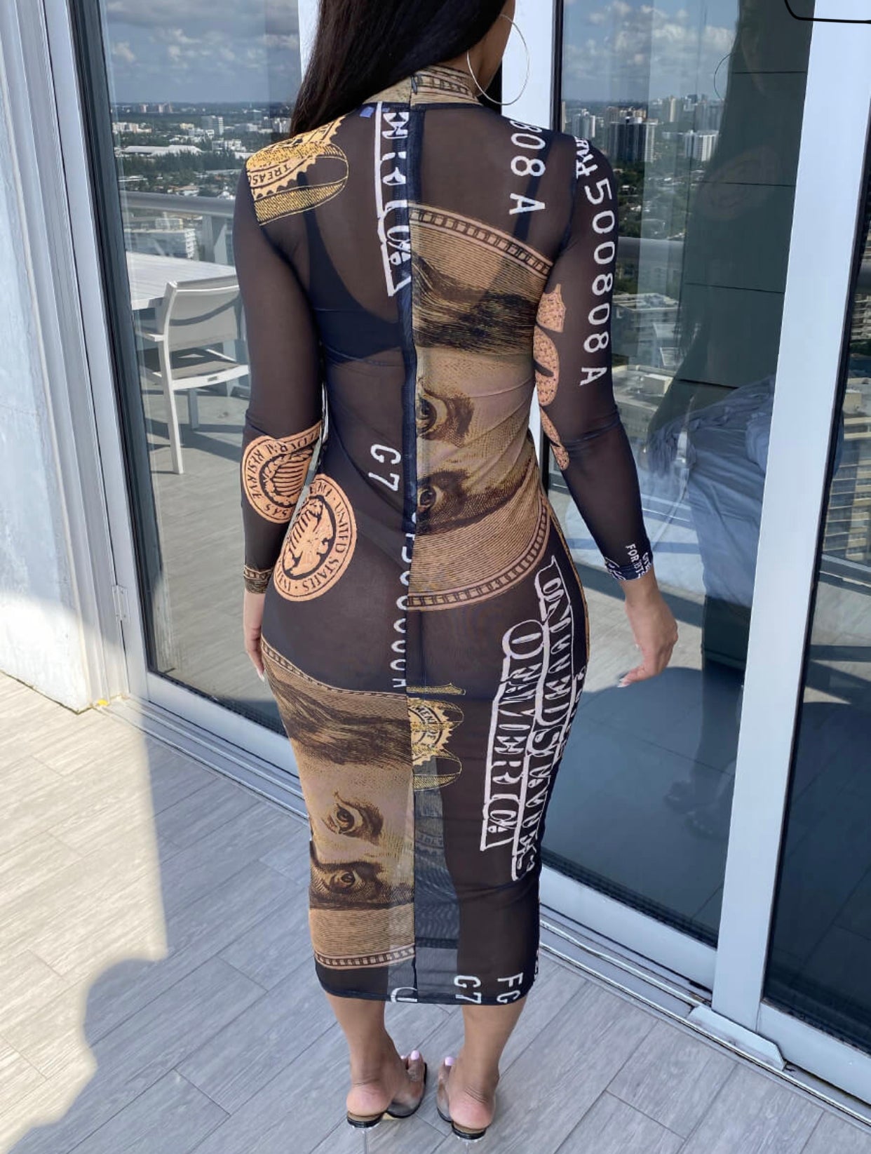 Womens Long Sleeve Sheer See-Through Printed Money Brown Benji Dress