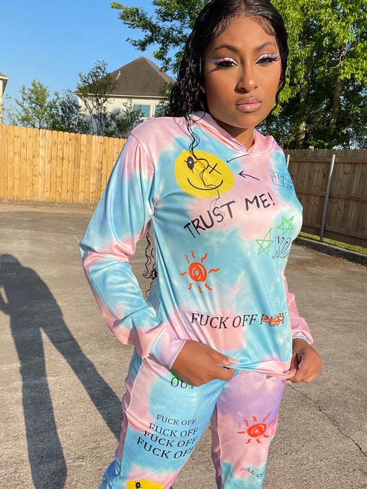 Womens 2 Piece Graphic Print Long Sleeve Sweatsuit Trust Me Set