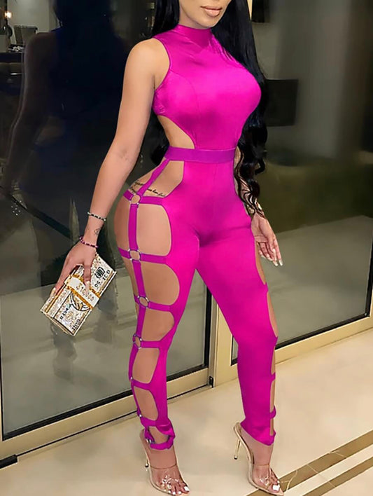 Womens Sexy Sleeveless Cut-Out One Piece TopTier PINK Jumpsuit