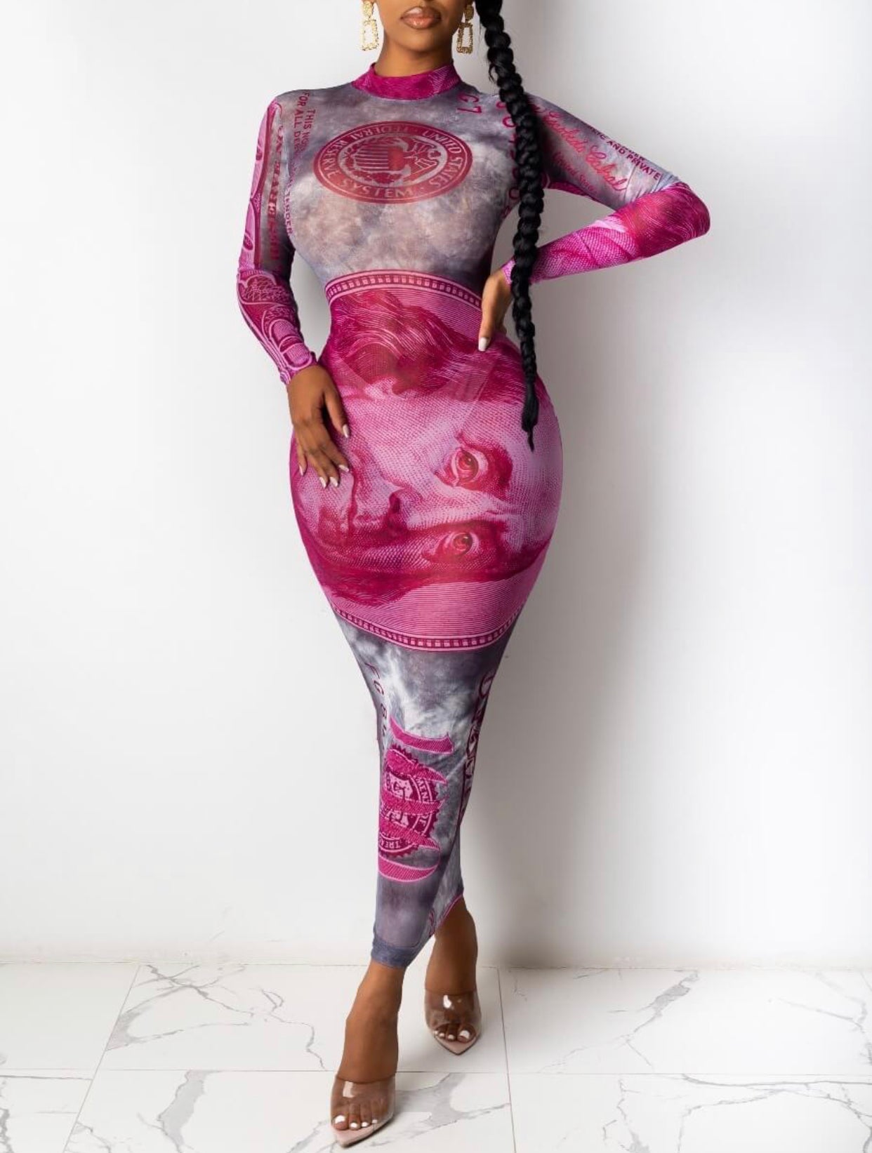 Womens Long Sleeve Sheer See-Through Printed Money Pink Benji Dress