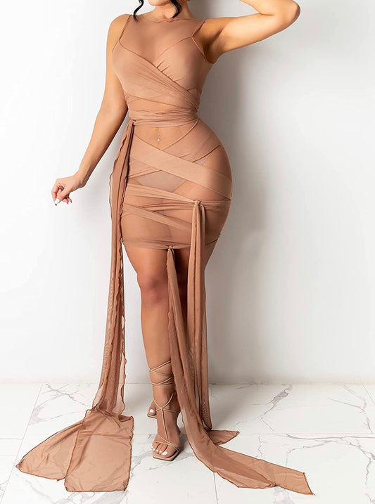 Womens Sexy Sleeveless Sheer Tulle Mesh Wrap Strap Up Dress Brown